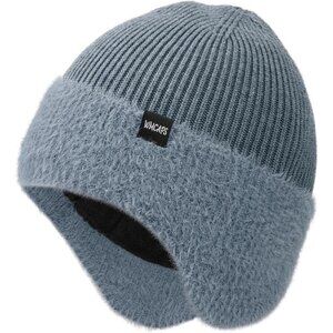 Unisex Grey Blue Fleece Thermal Lined Knit Warm Earflap Classic Stocking Cap